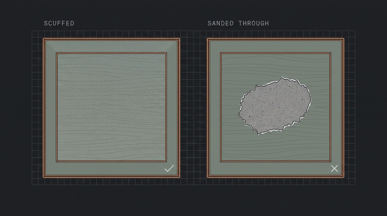 Two panels compared: a correctly scuffed surface with the grain still visible, and a panel sanded through to a ragged patch of exposed core